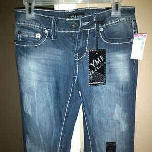 YMI Women's Distressed Dark Blue Flare Jeans